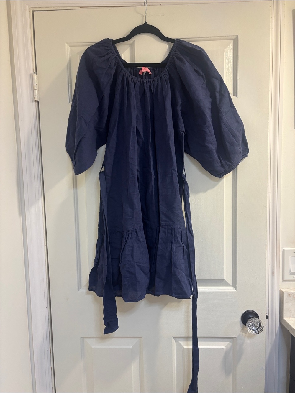 Girls Navy Blue Puff-Sleeve Casual Dress